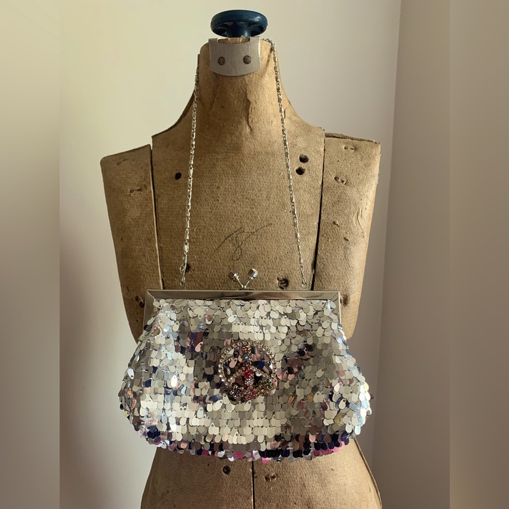 Gunne Sax Silver Sequin Evening Bag with rhinestone peace embellishment.